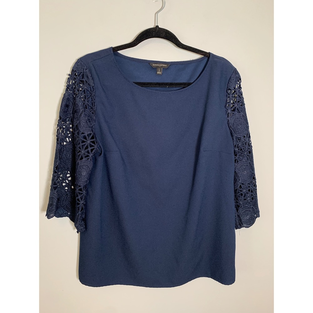 Banana Republic Blouse Womens Large Navy Blue 3/4 Lace Sleeve Boat Neck